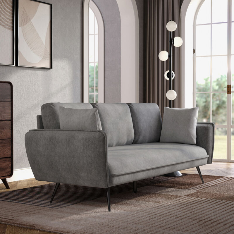 3 Seater Sofa Bed Grey Linen Fabric Living Room Couch Settee Large Cushion Seat