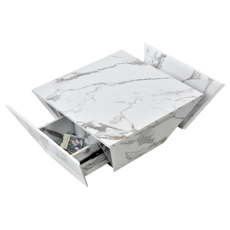 Wooden Coffee Table with Storage Drawer Marble-Look Modern Living Room Furniture