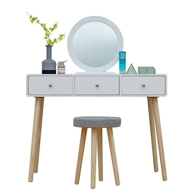 Modern Dressing Table Makeup Desk w/Drawer Round Mirror Stool White Bedroom BN