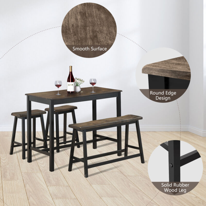 4PCS Dining Table & Chair Set Kitchen Furniture W/ Counter Table Bench & Stools