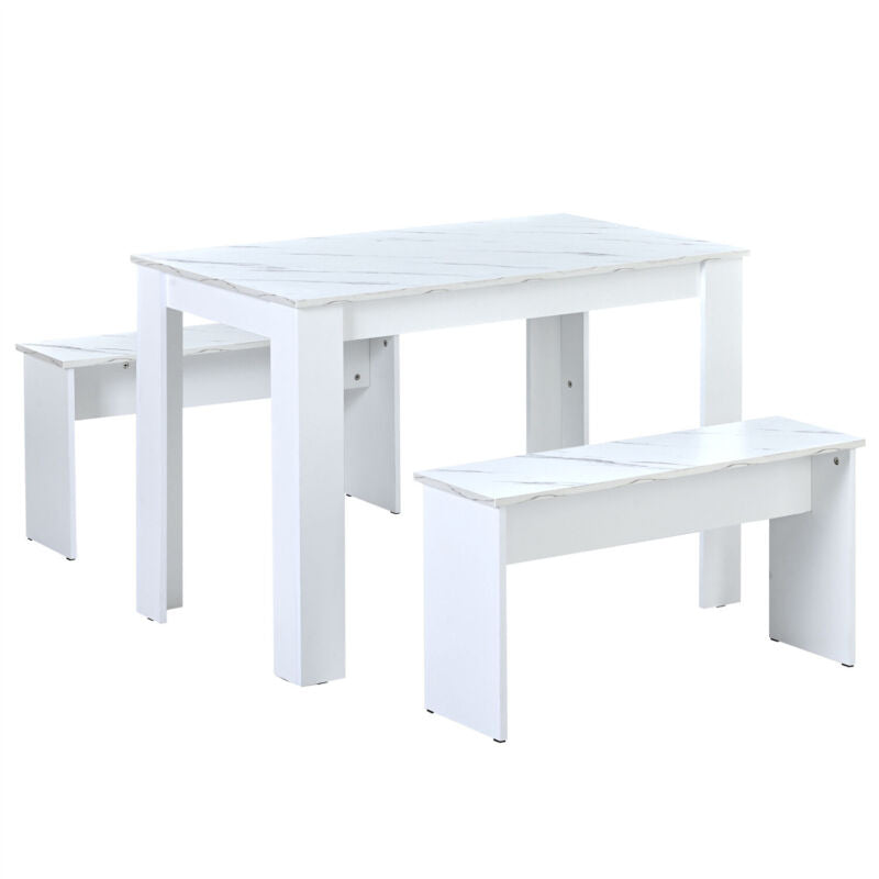 White Wooden Marble Look Breakfast Dining Table and Chairs Set of 2 Benches