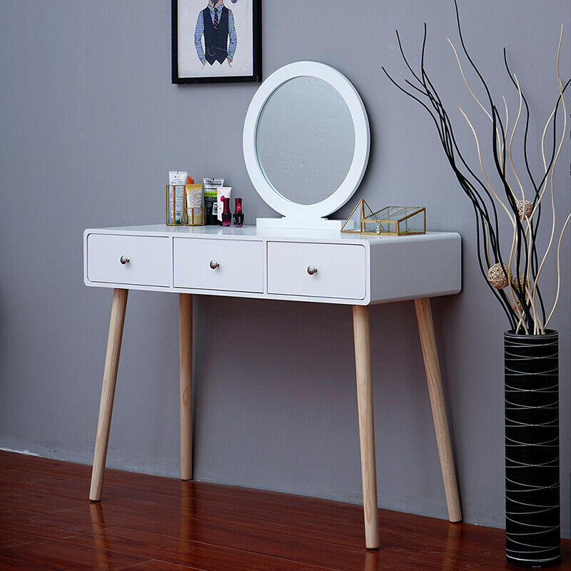 Modern Dressing Table Makeup Desk w/Drawer Round Mirror Stool White Bedroom BN