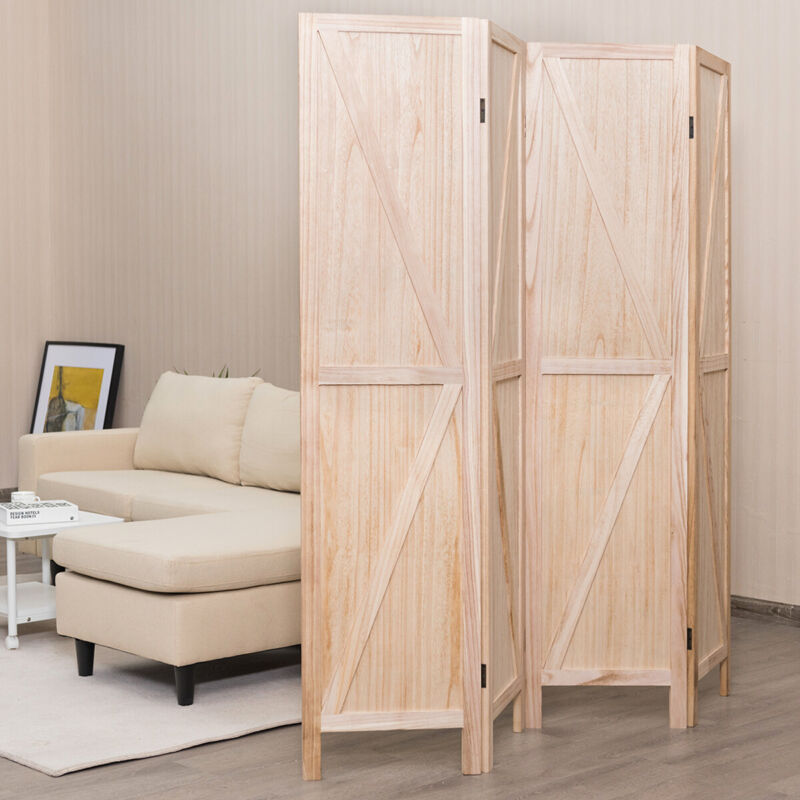 4 Panel Folding Room Divider Wood Wall Privacy Screen Protector V-Shaped Pattern
