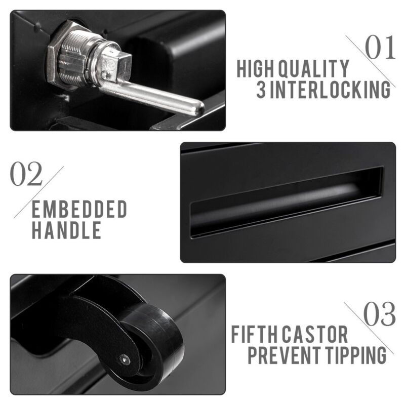 3 Drawer Modern Steel Drawers Filing Cabinet w/ 5 Wheels Lock Pencil Box Black