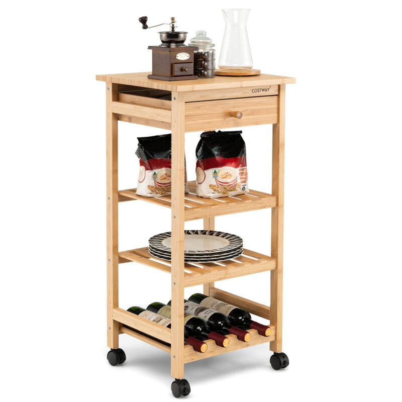 4-Tier Storage Utility Cart Bamboo Kitchen Trolley Rolling kitchen Island Dining
