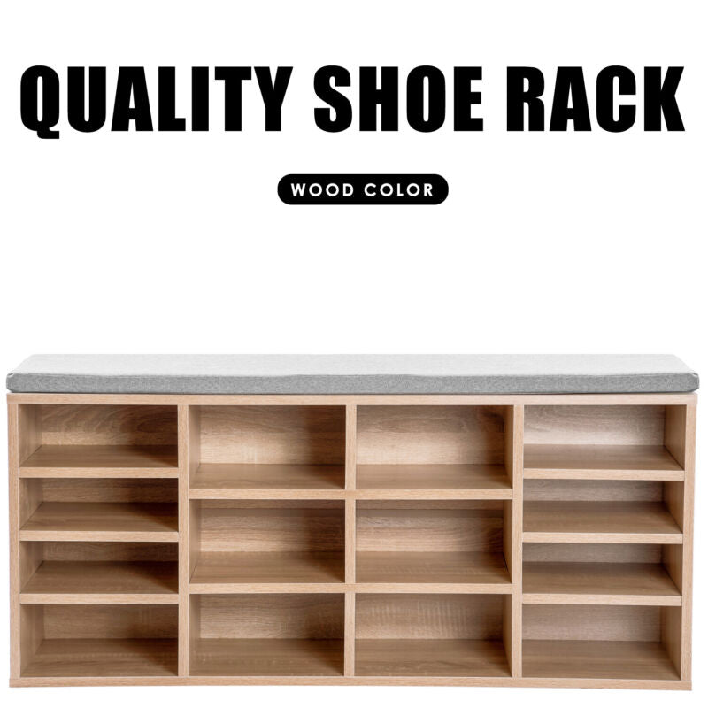Multi-Storage Shoe Rack w/ 14 Compartments Cushion Moving Shelves for Home Oak