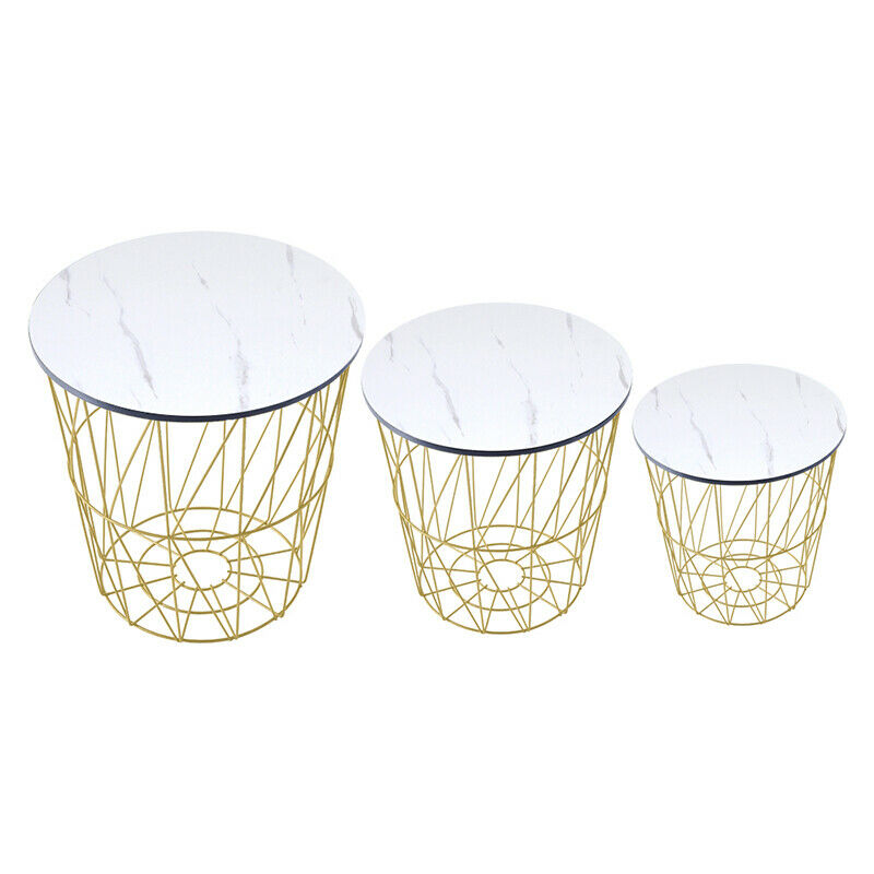 Set of 3 Storage Basket Nested Tables Side Table Metal Wire White Marble Effect