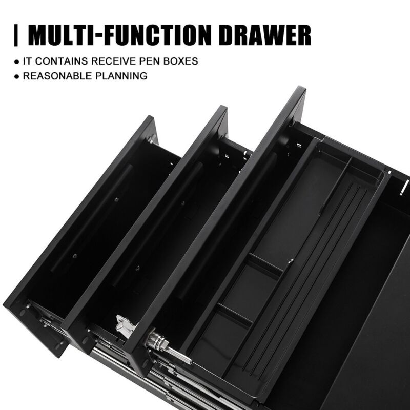 3 Drawer Modern Steel Drawers Filing Cabinet w/ 5 Wheels Lock Pencil Box Black