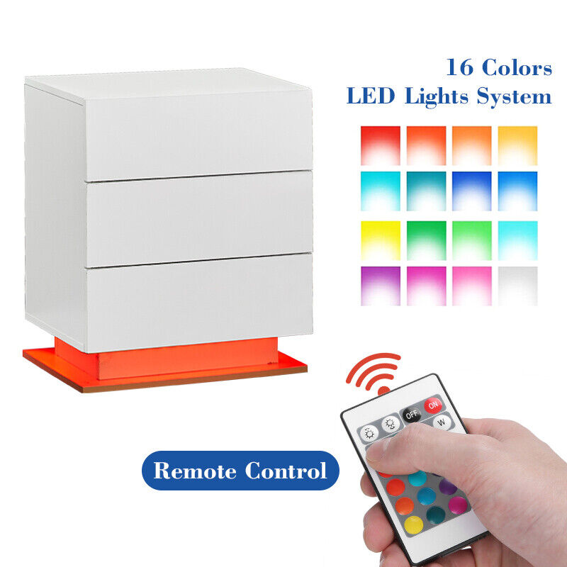 2/3 Drawers High Gloss Front Bedside Table Cabinet LED Nightstand Black/White