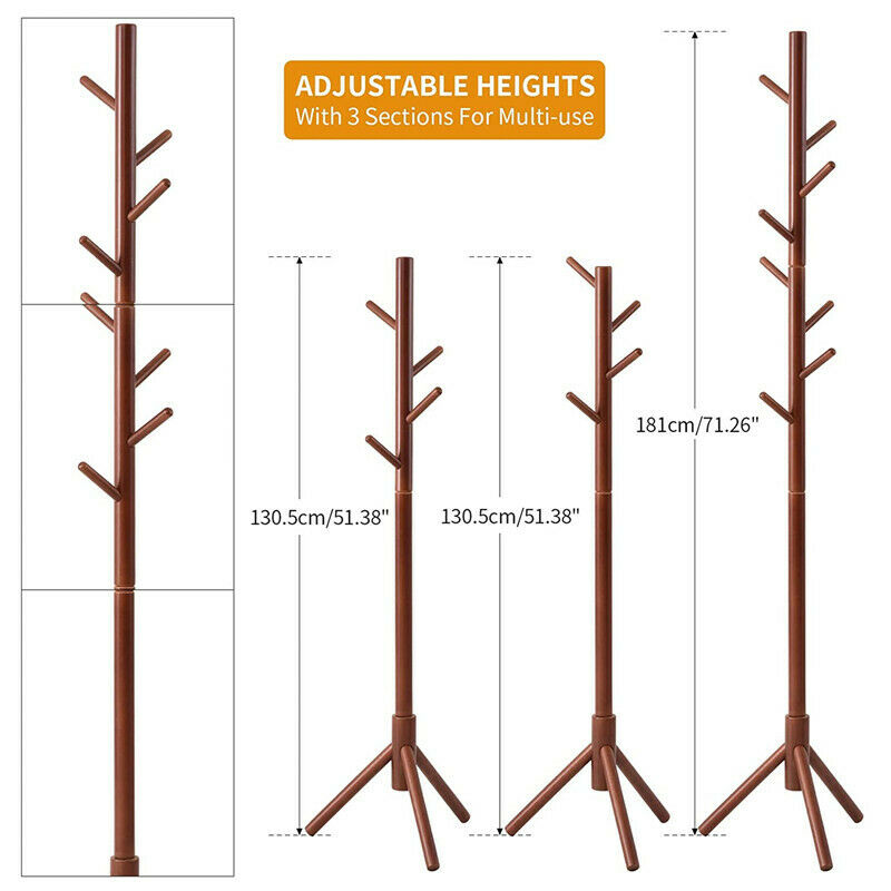 Beech Wooden Standing Coat Rack 8 Hooks Wood Tree Stand Coat Hat Handbag Rack
