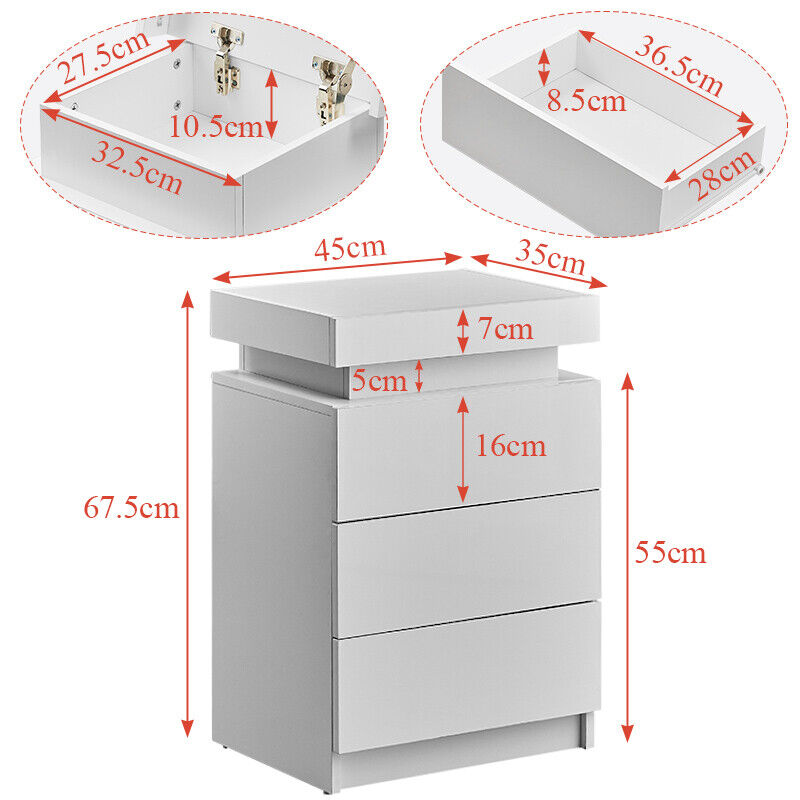 2/3 Drawers High Gloss Front Bedside Table Cabinet LED Nightstand Black/White