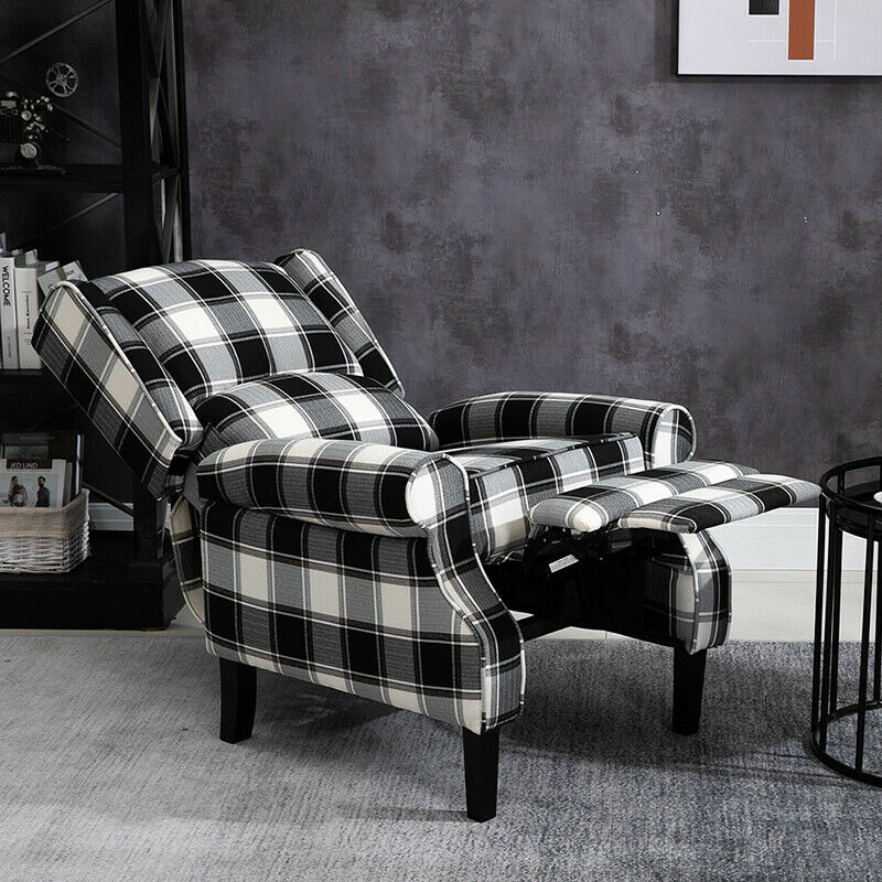 Black Check Recliner Armchair Wing Back Fireside Check Fabric Sofa Lounge Chair