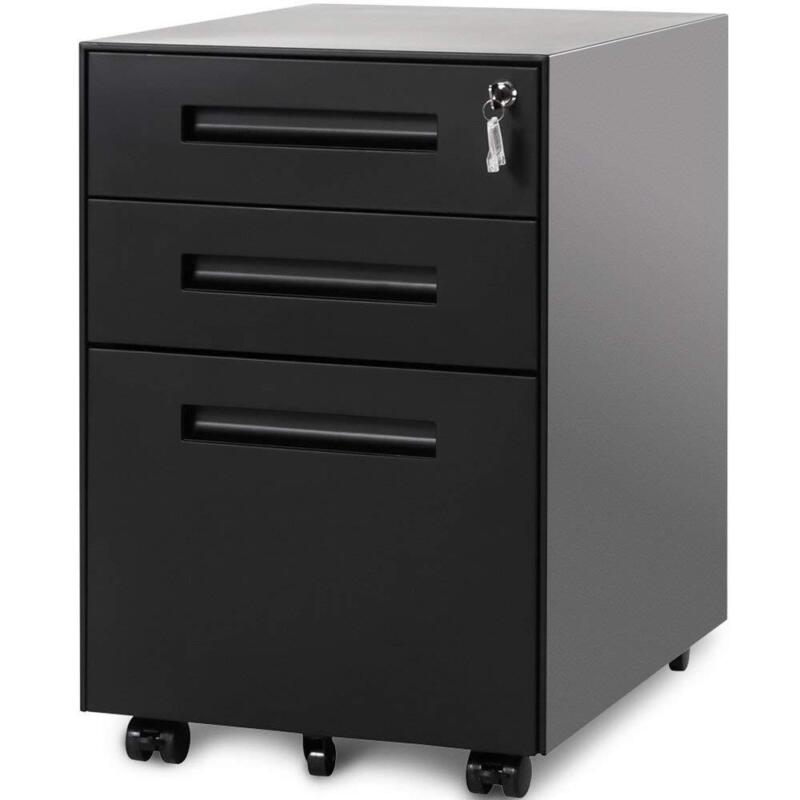 3 Drawer Modern Steel Drawers Filing Cabinet w/ 5 Wheels Lock Pencil Box Black