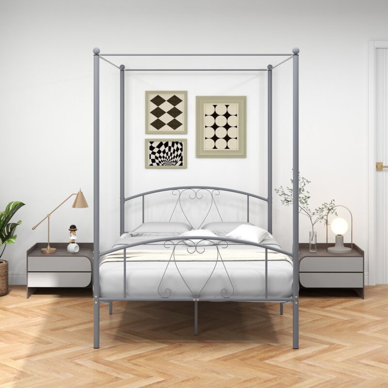 Double Size Metal Canopy Bed Frame Modern 4 Poster Platform Bed with Headboard
