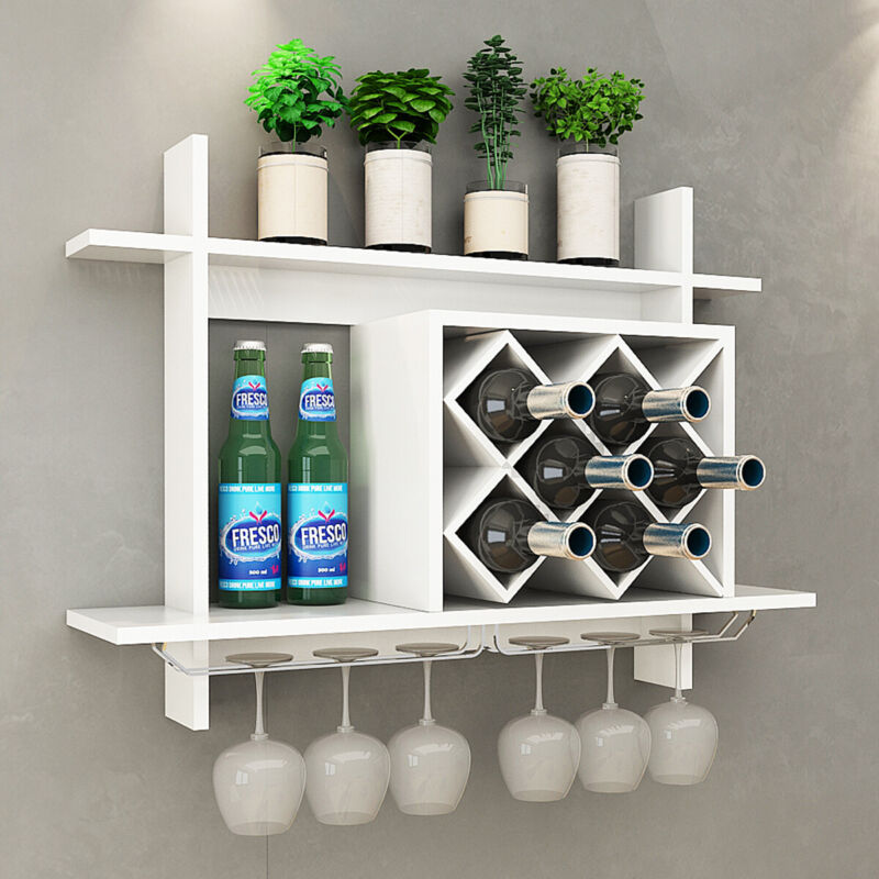 Wall-Mounted Wine Rack Wooden Wine Bottle Holder for 6 Bottles & 6 Wine Glasses