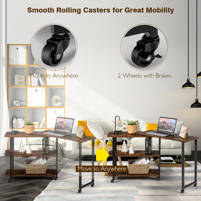 L-shaped Mobile 360° Rotating Corner Computer Desk Laptop Computer PC Desk Home