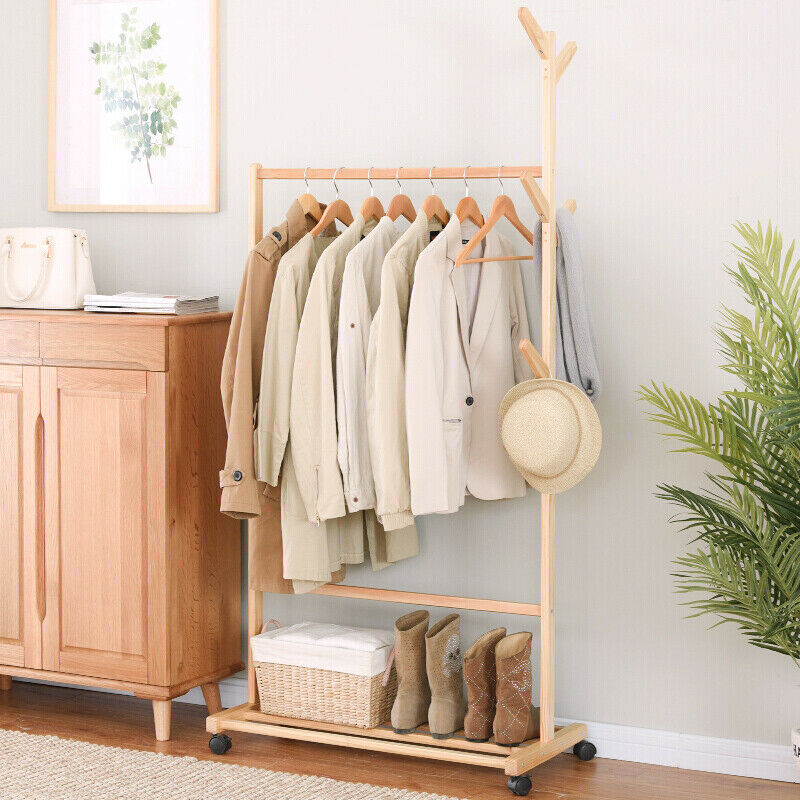 Wooden Clothes Rail Rack Garment Hanging Display Coat Storage Shelf Stand Wheels
