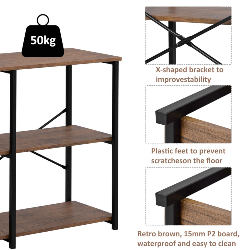 3-Tier Console Table Wodd Sofa Table Steel Frame Industrial Storage Shelf Brown