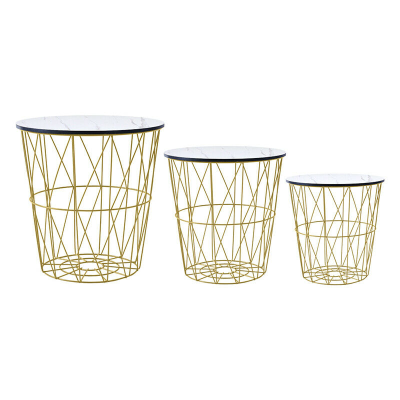 Set of 3 Storage Basket Nested Tables Side Table Metal Wire White Marble Effect