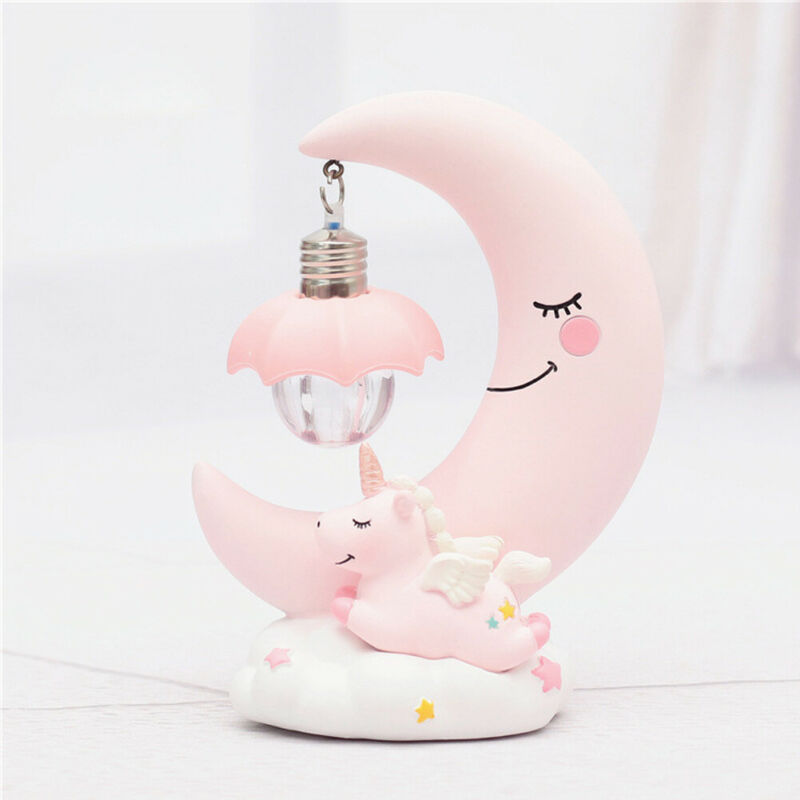 Resin Unicorn Moon LED Night Light Baby Children Nursery Room Bedside Lamp Gift