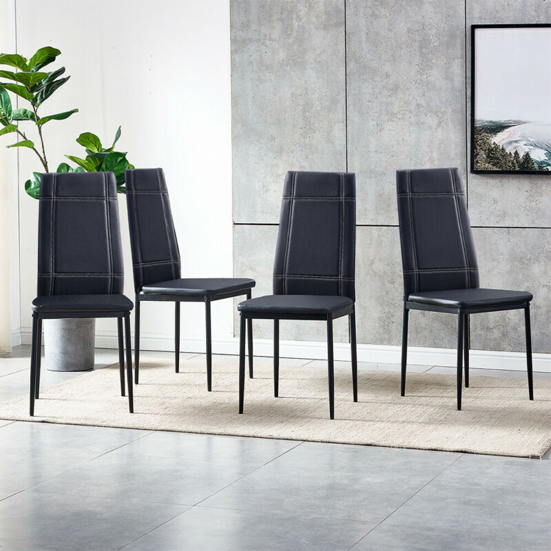Set of 4 Black Dining Chairs Office Chairs Faux Leather Padded Seat Metal Frame