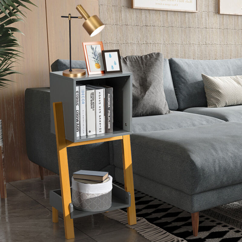 Side End Table Wooden Compact Storage Bookcase with Open Drawer and Bottom Shelf