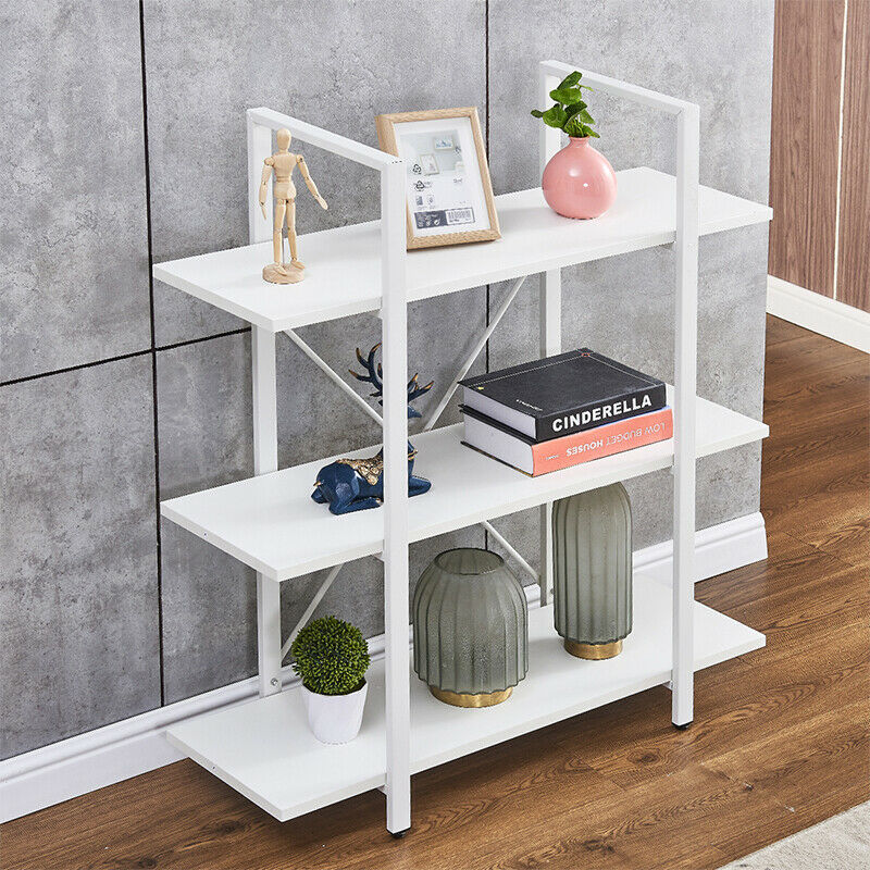 3 Tiers Bookshelf Bookcase Industrial Display Unit Storage Unit White Livingroom