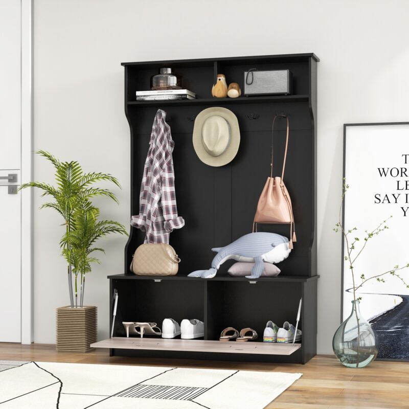 3 in 1 Coat Stand Shoe Bench Hall Tree Hallway Storage Bench Coat Rack w/5 Hooks