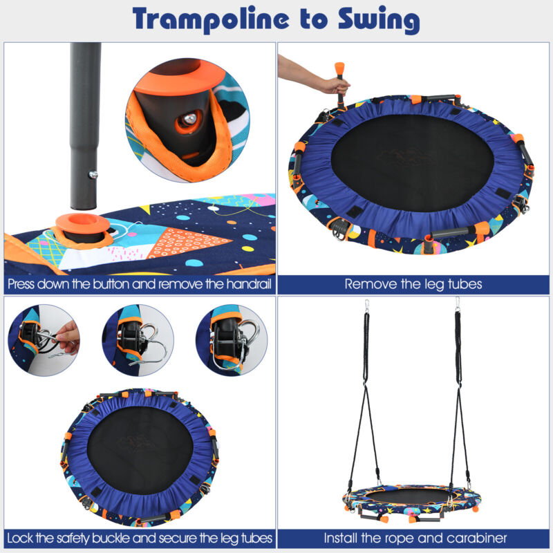 2-in-1 Foldable Kids Fitness Trampoline Height Adjustable Children Tree Swing