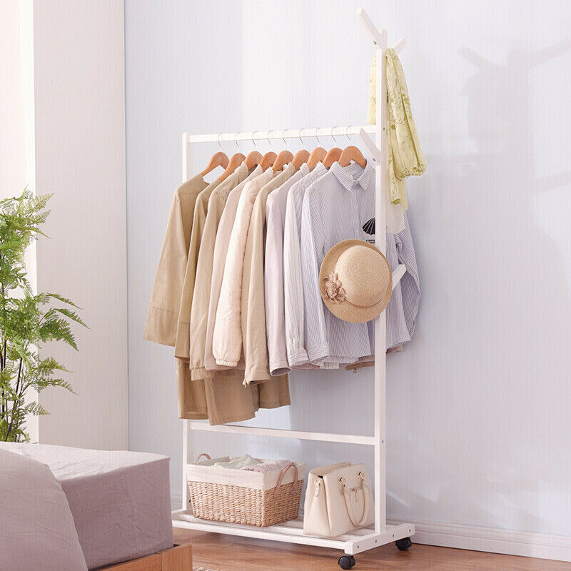 Clothes Rail Rack Wooden Garment Coat Stand Hanging Storage Organizer On Wheels