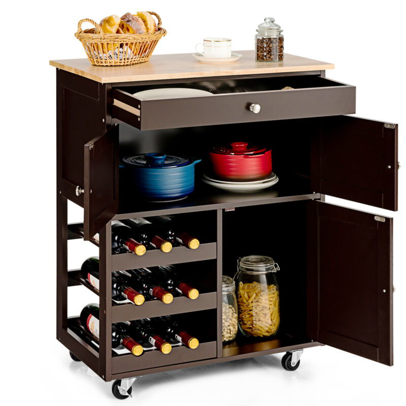 Rolling Kitchen Storage Trolley Cart Cupboard Island Cabinet 3 Tier Wine Rack