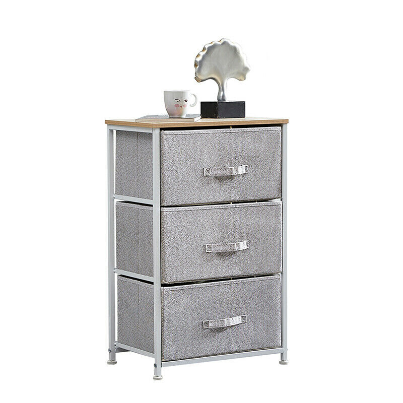 Fabric 3 Chest Of Drawer Grey Side Table Storage Cabinet Unit Organiser Bedroom