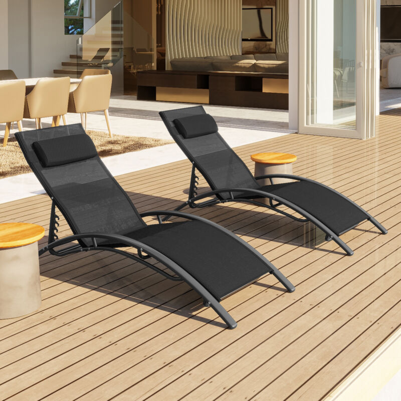 2pcs Garden Sun Lounger Relaxing Reclining Chair Day Bed Adjustable Backrest