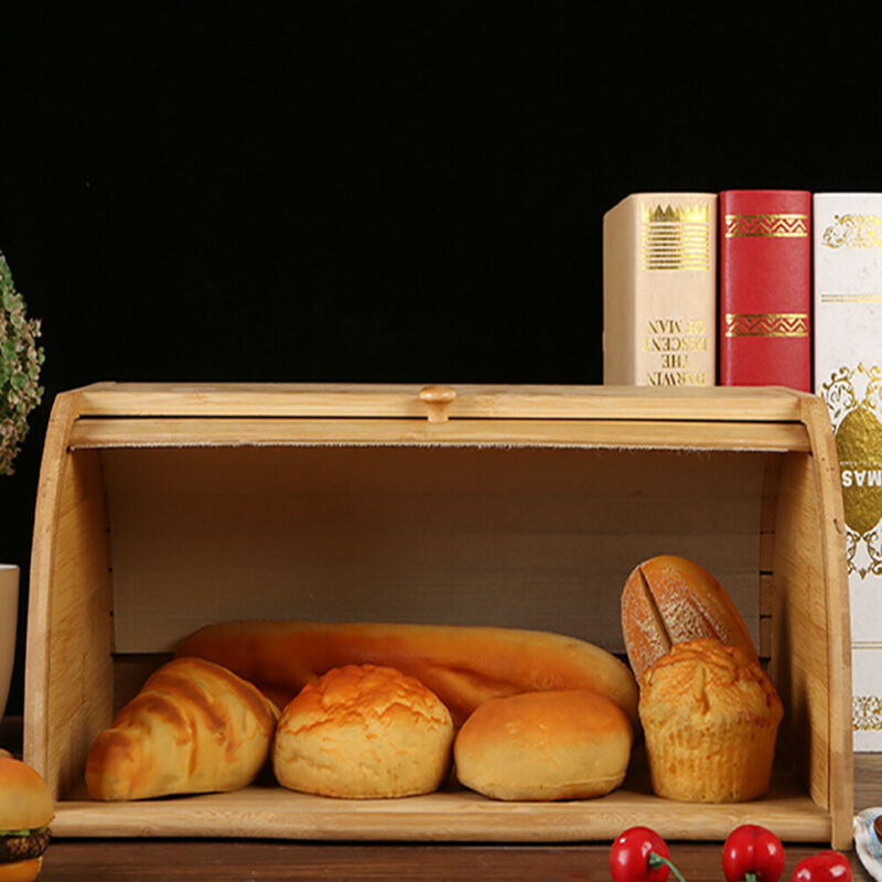 Bread Bin Bamboo Wooden Roll Top Retro Kitchen Loaf Food Storage Box Container