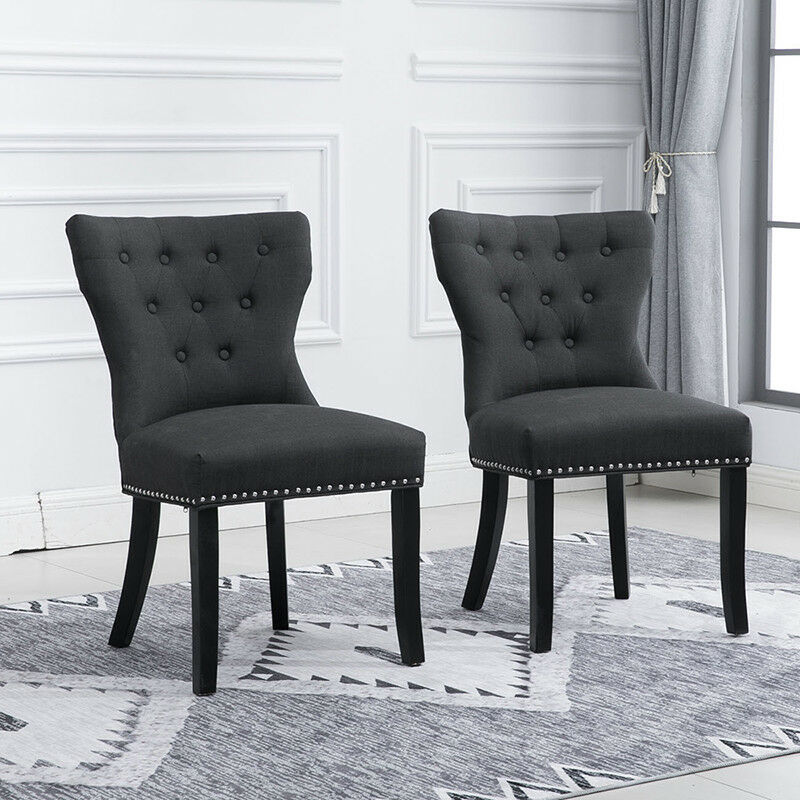 Set of 2 Wing Back Accent Dining Chair Fabric Wood Leg Dining Room Kitchen