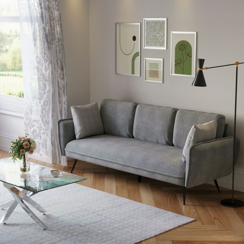 3 Seater Sofa Bed Grey Linen Fabric Living Room Couch Settee Large Cushion Seat