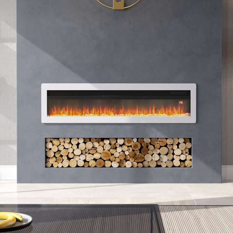 50" White Fireplace Recessed/Wall Mounted LED 9 Color Electric Fire w/Stand Legs