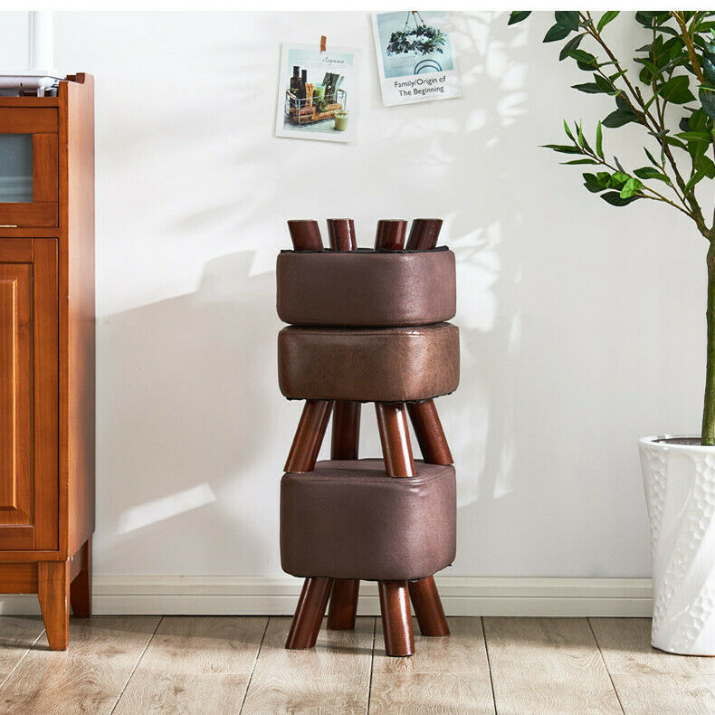 Wooden Footstools Ottoman Leather Foot Stool Rectangle Footrest Padded