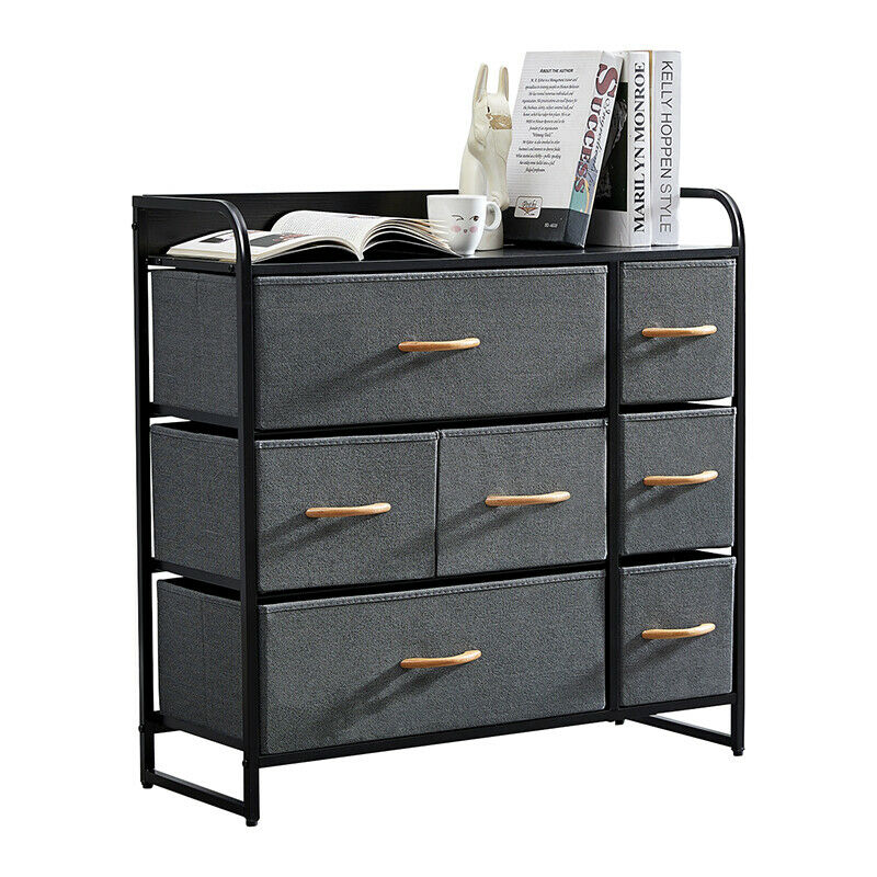 Fabric Bedside Table Cabinet Storage Unit Metal Frame Chest Of 7 Drawers Home BN