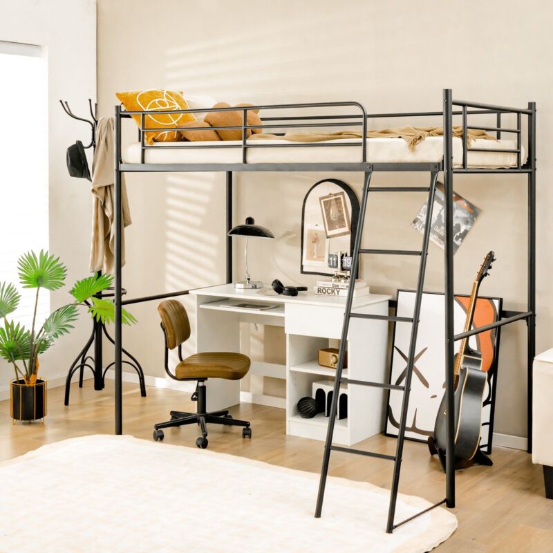 Single Metal Loft Bed Frame High Sleeper Bunk Bed Study Desk