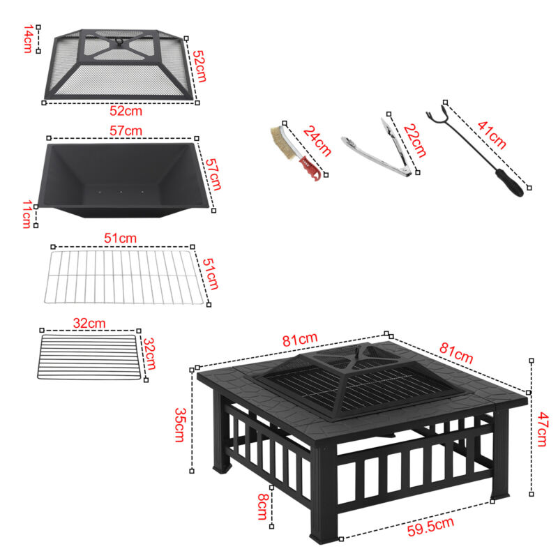 3-in-1 Fire Pit BBQ Firepit Brazier Outdoor Garden Brazier Square Table Stove