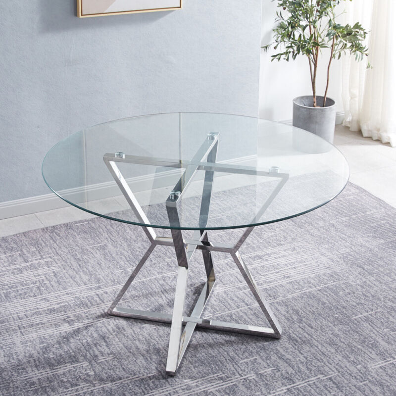 120cm Clear Glass Round Dining Table 2 4 6 Faux Leather Chair Chrome Legs Lounge