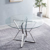 120cm Clear Glass Round Dining Table 2 4 6 Faux Leather Chair Chrome Legs Lounge