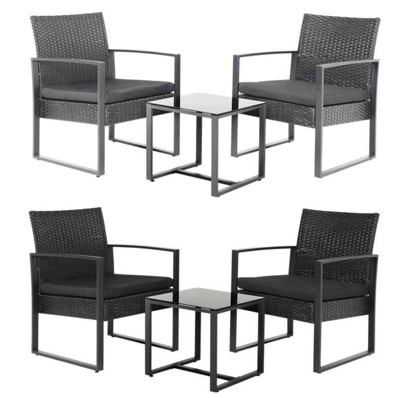 3pcs Garden Bistro Furniture Set Glass Table & Rattan Chairs with Steel Legs