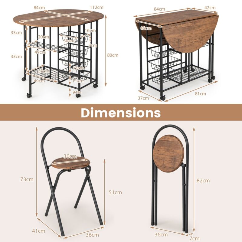 3 PCS Folding Dining Table Set Induatrial Kitchen Drop Leaf Table and 2 Chairs