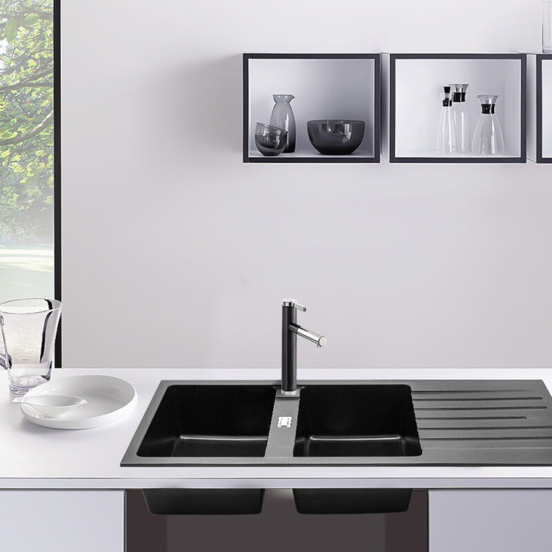 116cm Wide Stone Resin Kitchen Sink Two Extra Deep Bowls Basin Platform 2 Sinks