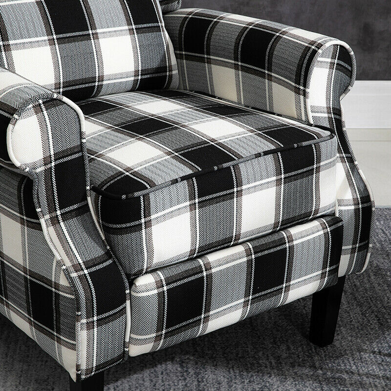 Black Check Recliner Armchair Wing Back Fireside Check Fabric Sofa Lounge Chair