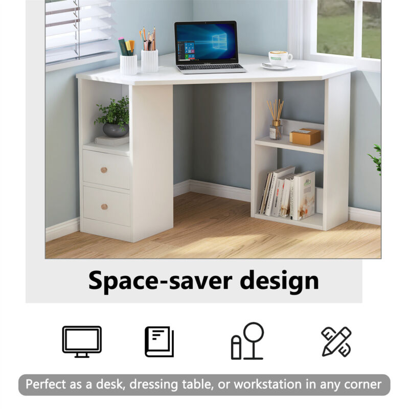L-Shaped Corner Computer PC Desk Study Table Storage Shelf for Office Home White