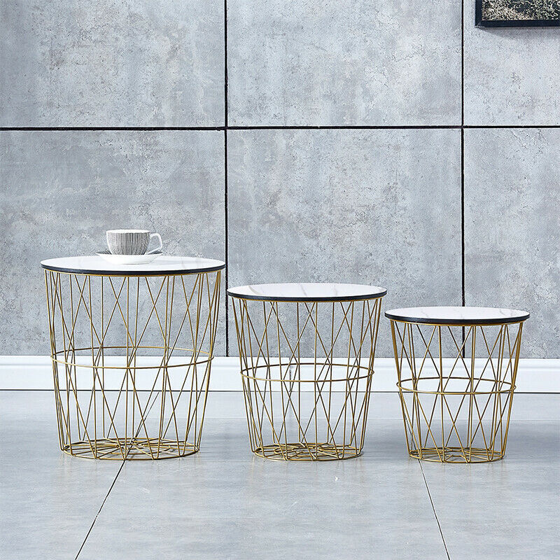 Set of 3 Storage Basket Nested Tables Side Table Metal Wire White Marble Effect