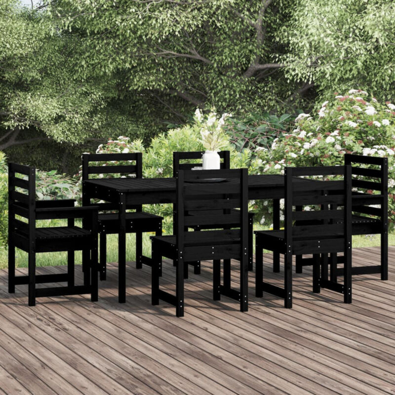 7 Piece Garden Dining Set Black Solid Wood Pine C1J6